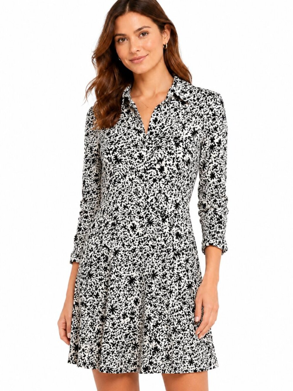 Whistles Black White Ditsy Floral Button Front Jersey Shirt Dress Size 8